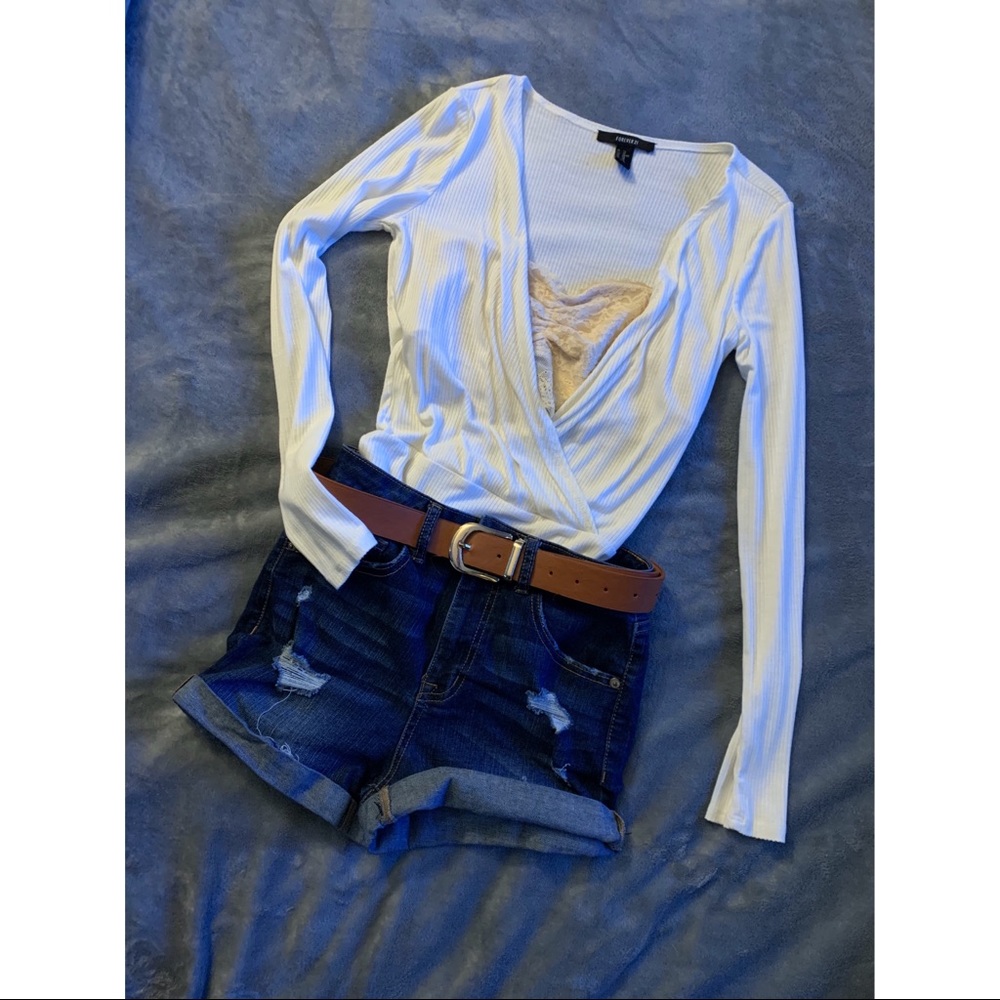 Forever 21 White V-Neck Low Cut Bodysuit